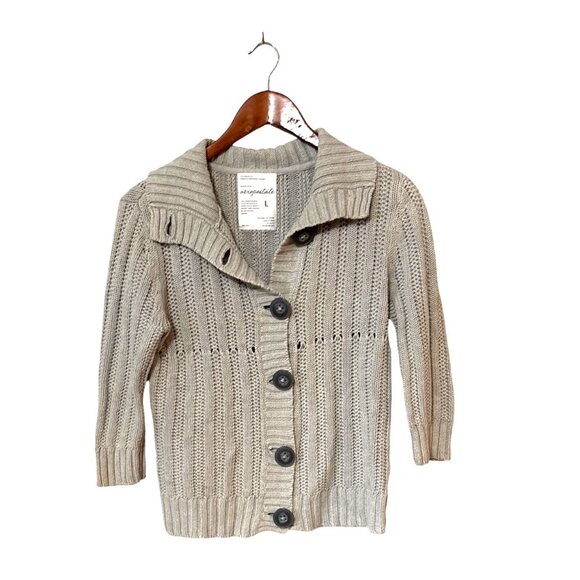 Aeropostale Sweaters - Vtg Aeropostale Women’s L Tan Cardigan 3/4 Sleeve Cottagecore Spring Netural